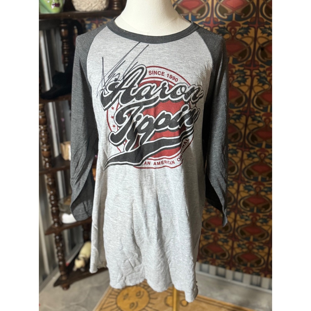 Aaron Tippin 1990 Baseball Jersey T-Shirt‎ Gray Raglan Graphic Tee L autographed